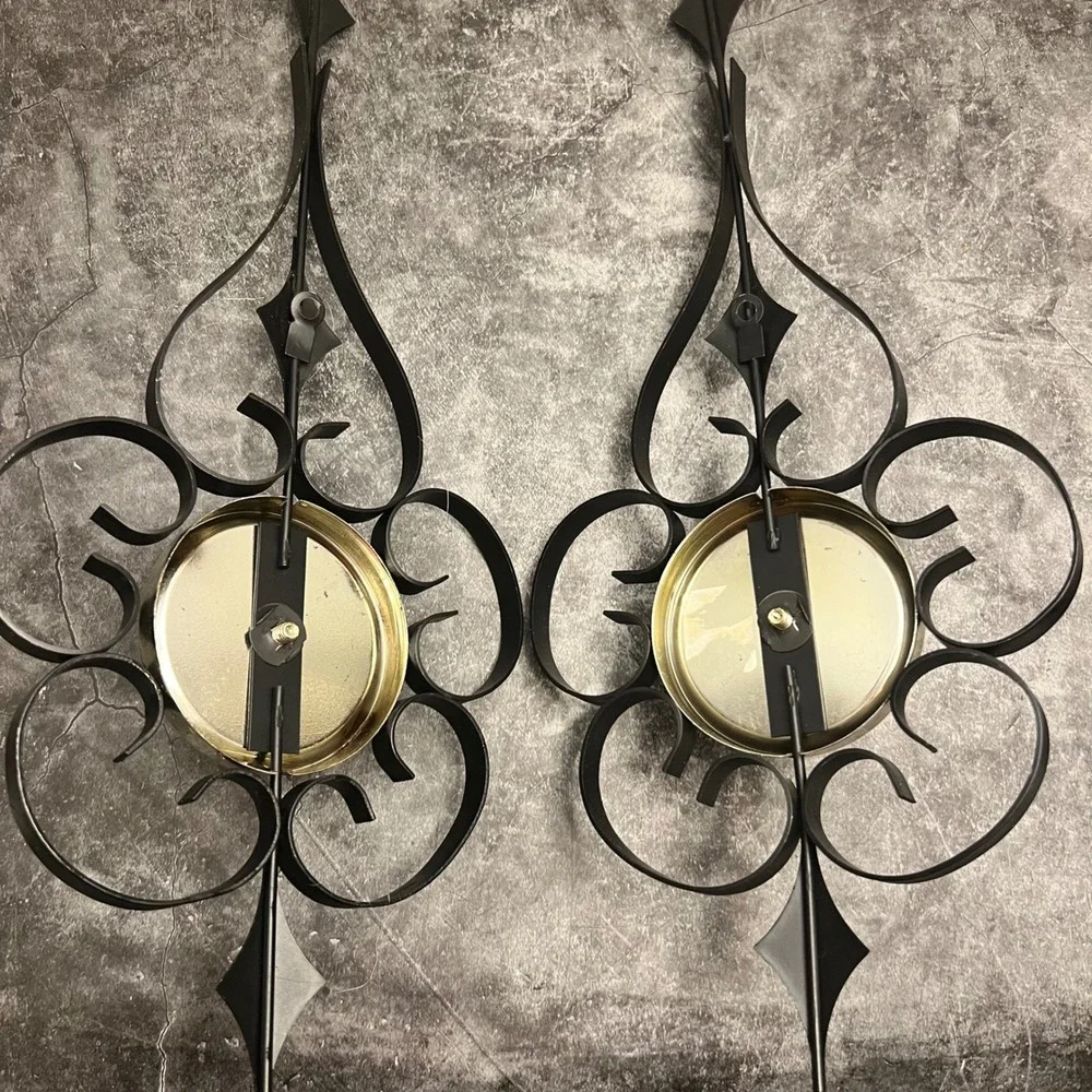 Vintage Mid-Century Modern Black & Chrome Scrollwork Candle Wall Sconce Pair